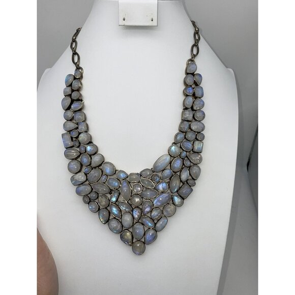Vintage Signed 925 Moonstone Bib Necklace Statement Piece - Picture 7 of 16